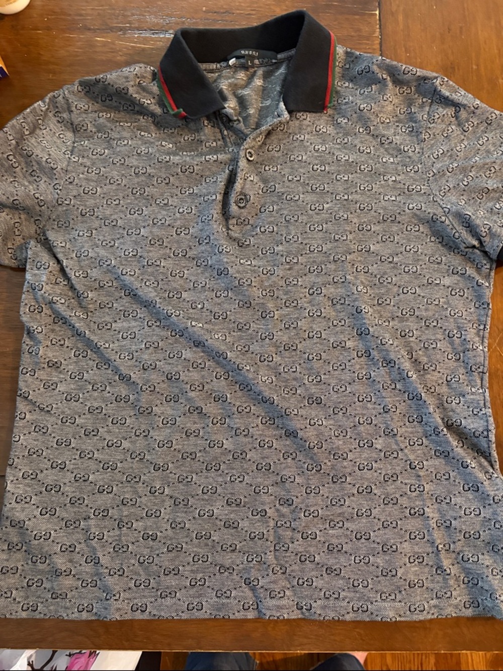 Gucci Gray GG Monogram Polo with Black Collar and Red/Green Trim